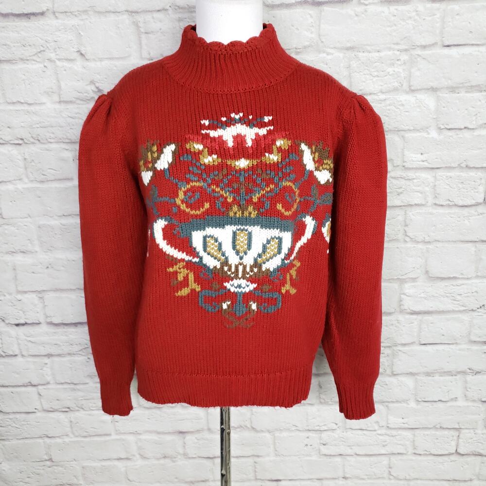 Vintage Puff Sleeve Sweater Twee High Neck Button Detail Teapot Cottagecore Sz S